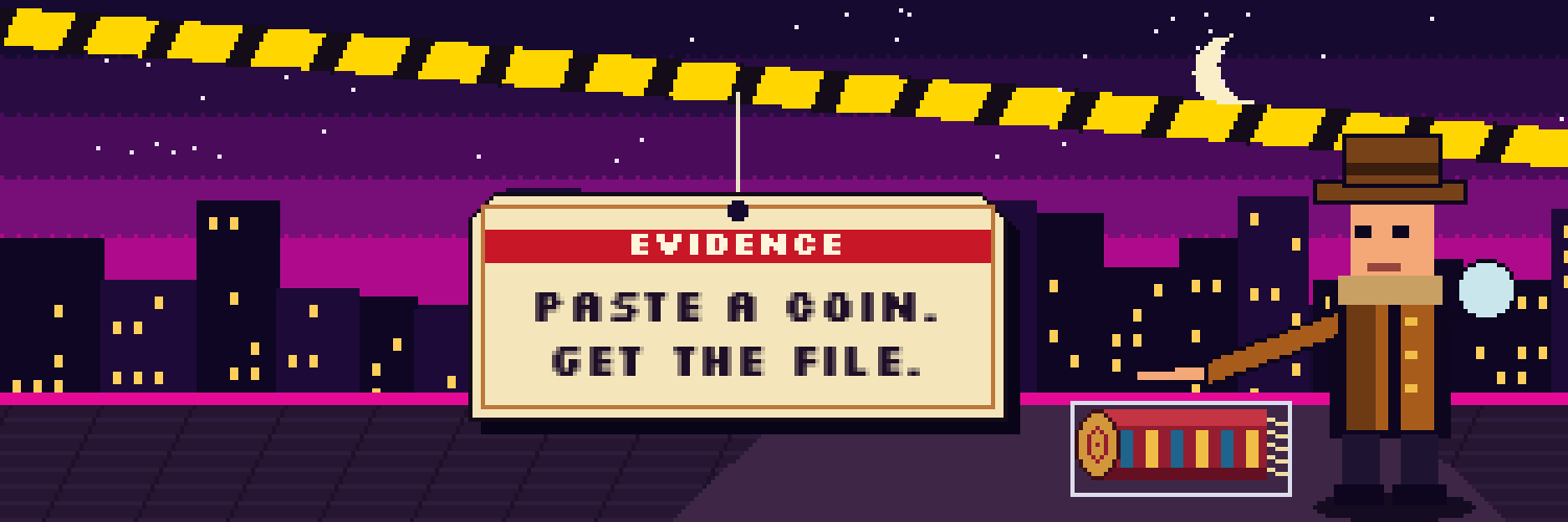 Pixel detective pointing at a rolled rug under police tape